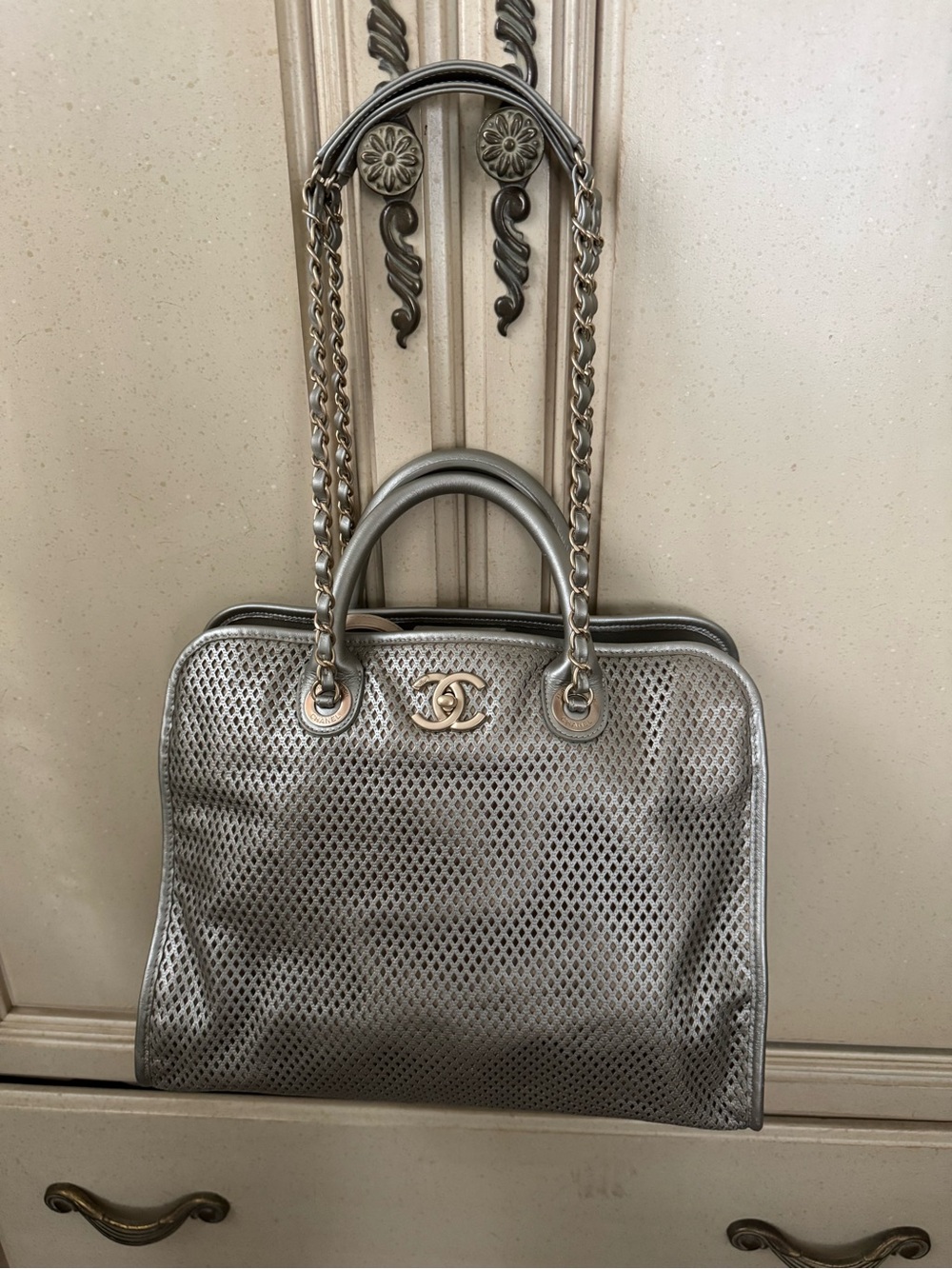 AUTHENTIC CHANEL Silver Metallic Perforated Chain-Handle Satchel